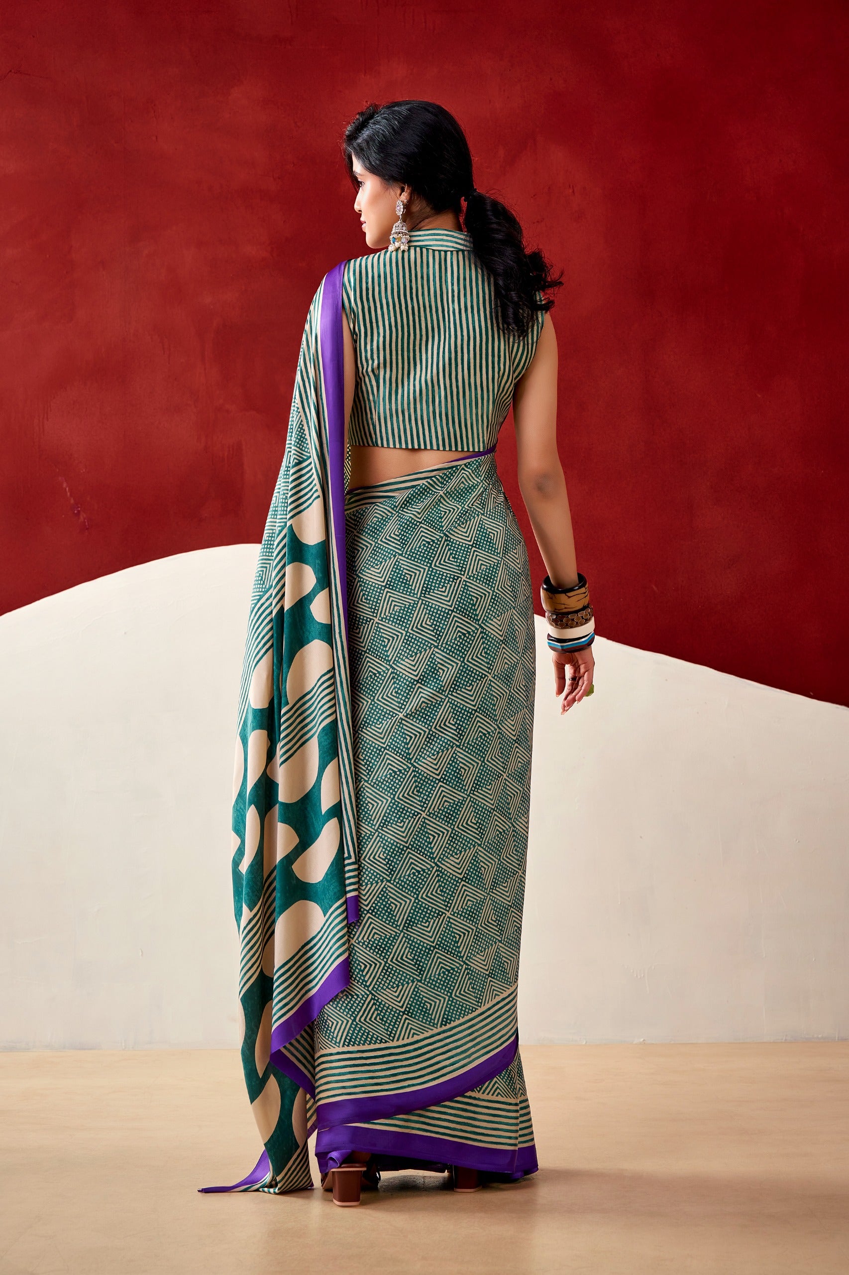 Designer Printed Dull Satin Saree with Unstitched Blouse