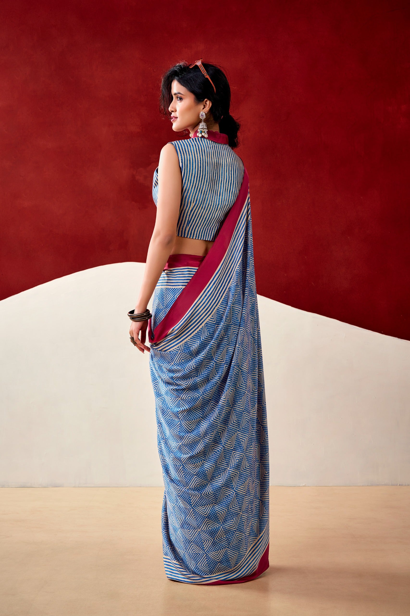 Designer Printed Dull Satin Saree with Unstitched Blouse