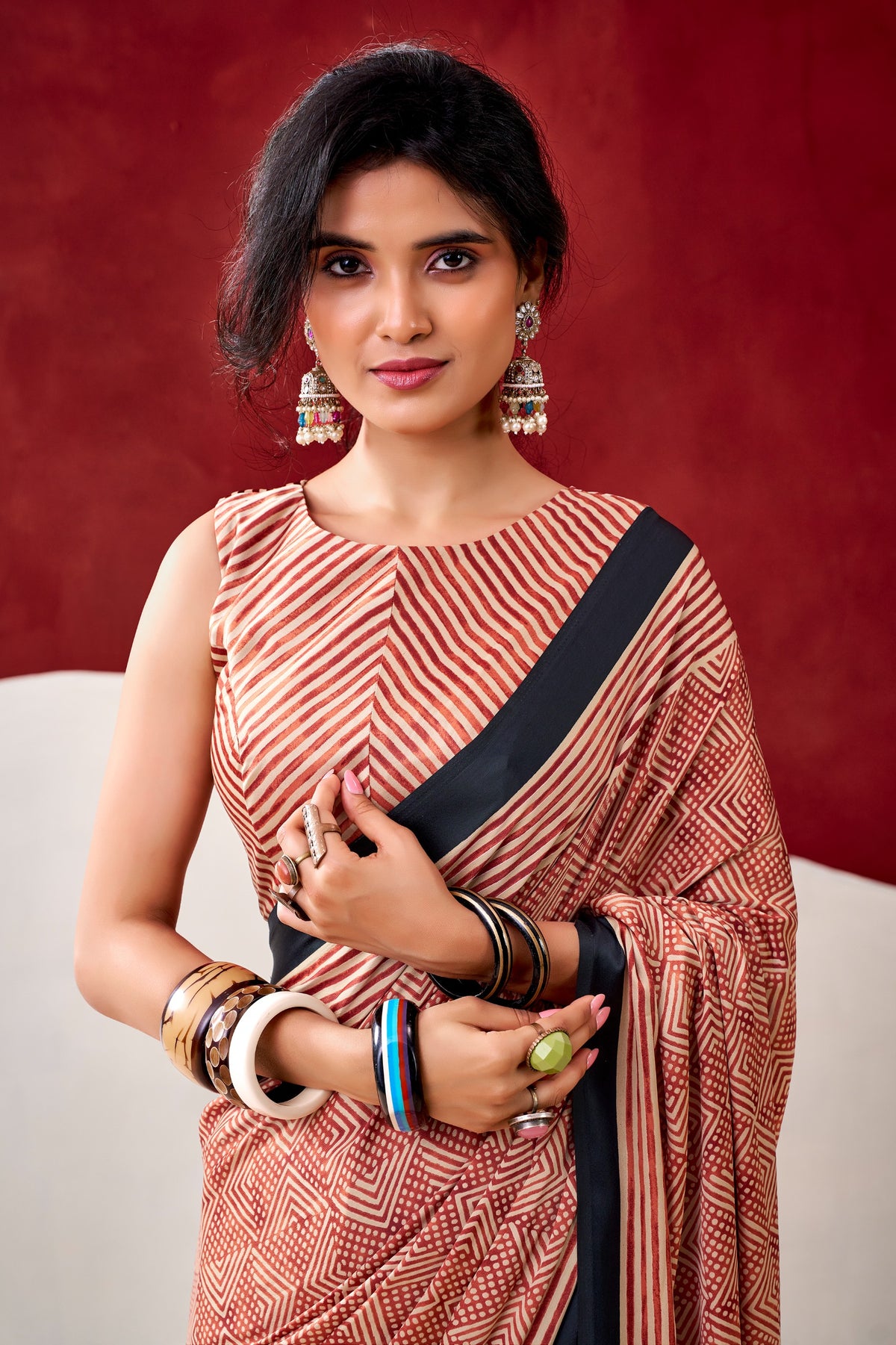 Designer Printed Dull Satin Saree with Unstitched Blouse