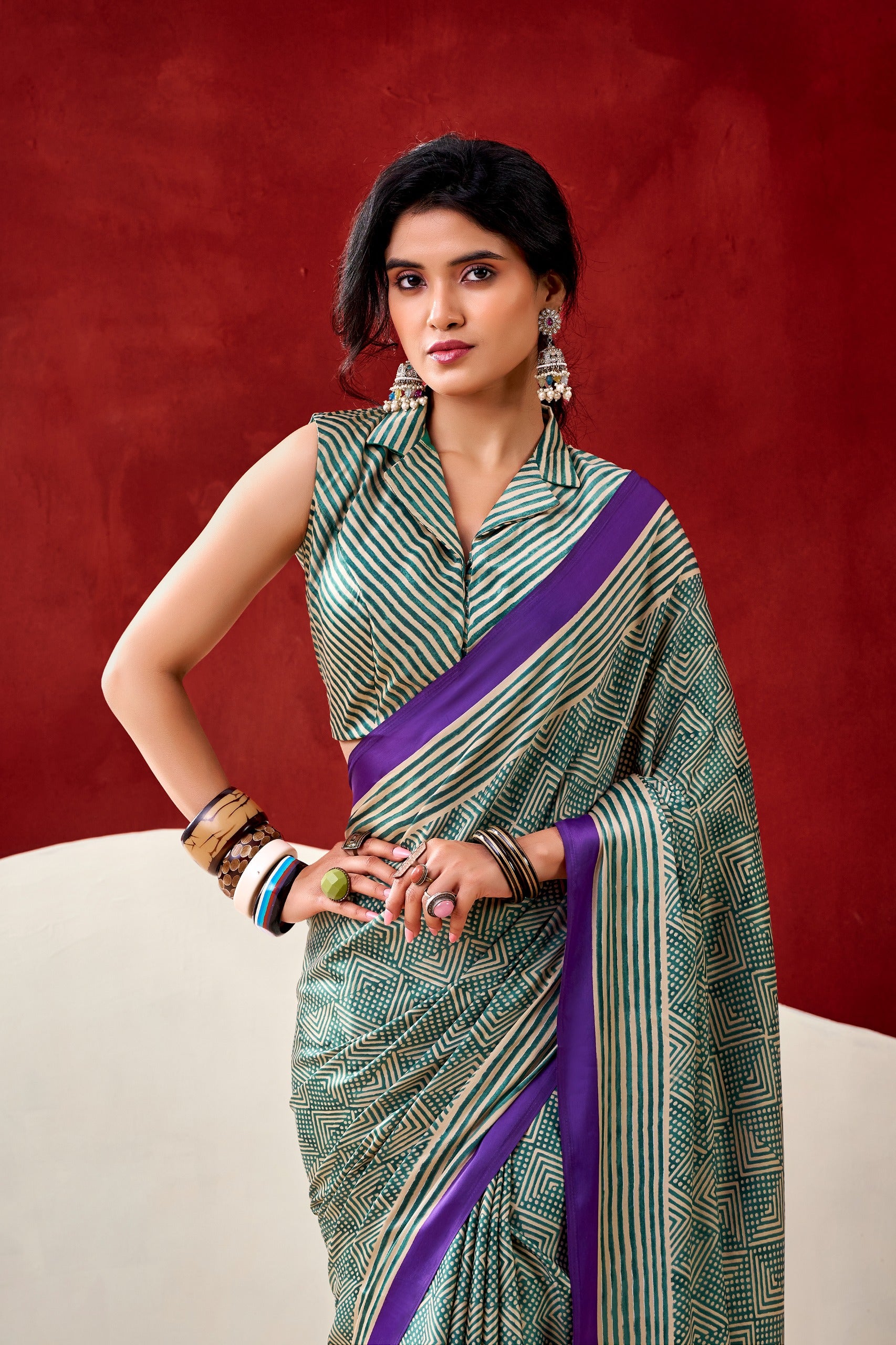 Designer Printed Dull Satin Saree with Unstitched Blouse