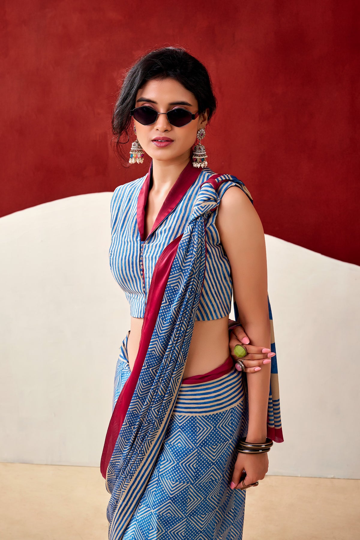 Designer Printed Dull Satin Saree with Unstitched Blouse