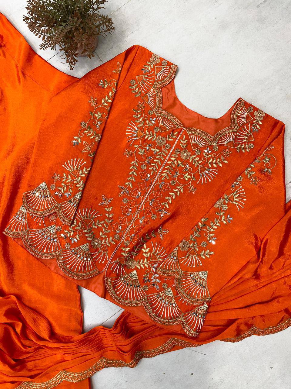 Real Mirror Embroidery Work Lehenga Saree Set