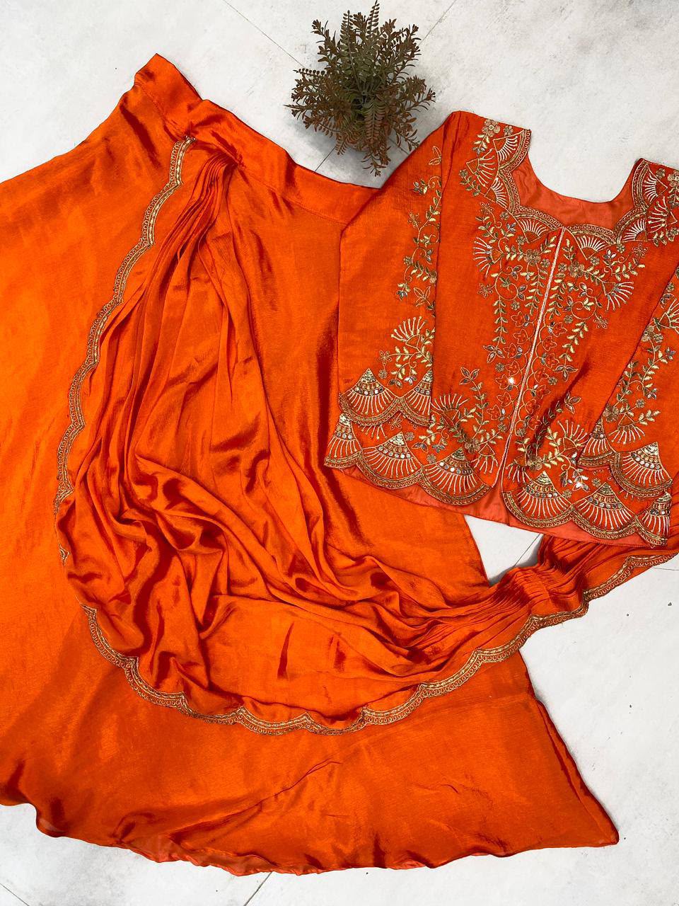 Real Mirror Embroidery Work Lehenga Saree Set