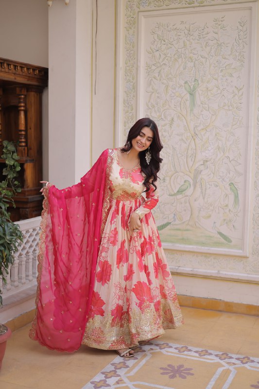 Designer Floral Russian Silk Anarkali Set