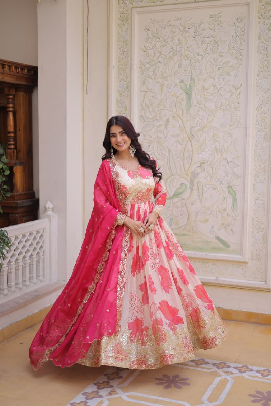 Designer Floral Russian Silk Anarkali Set
