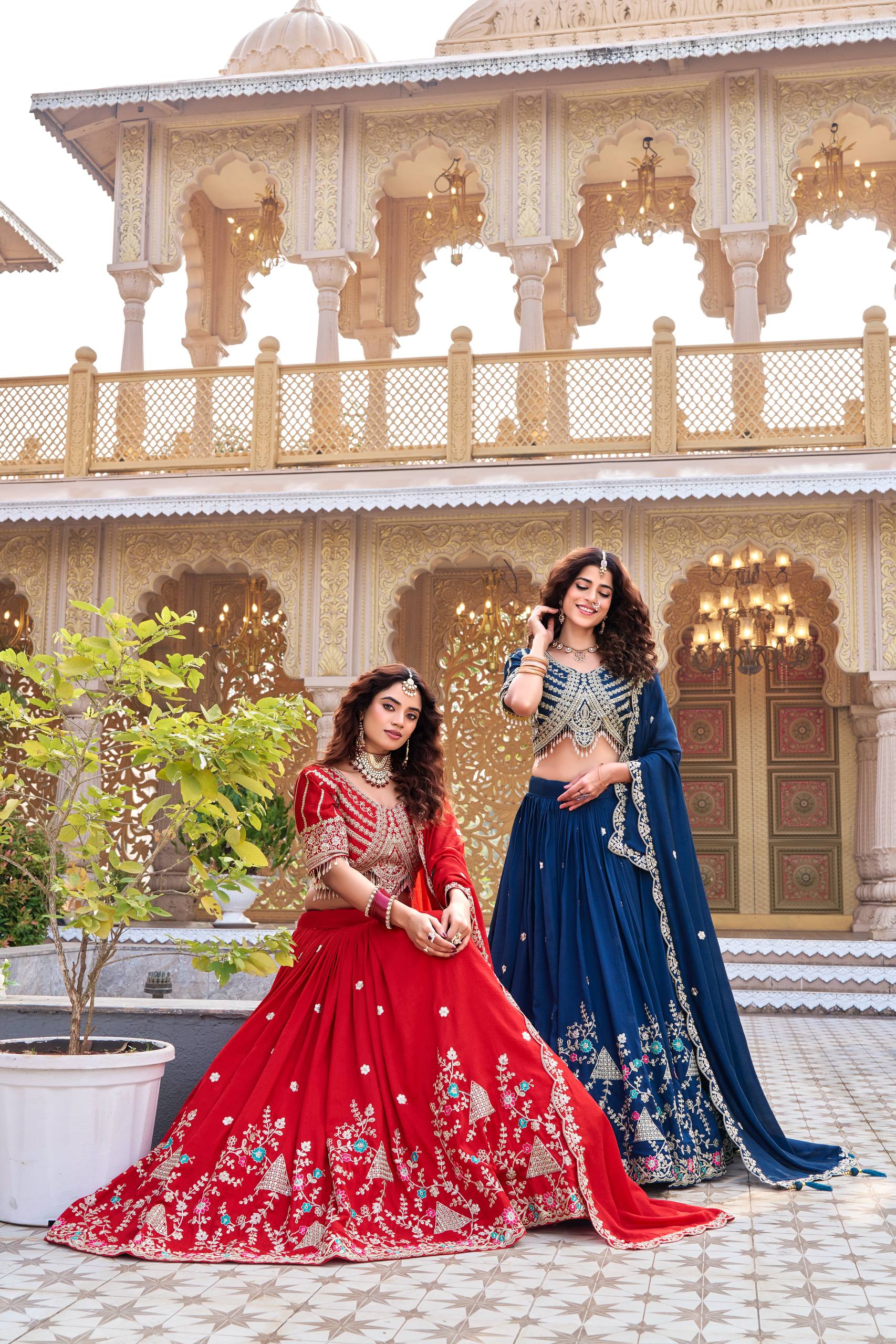 Designer Vichitra Silk Embroidered Lehenga Choli Dupatta Set
