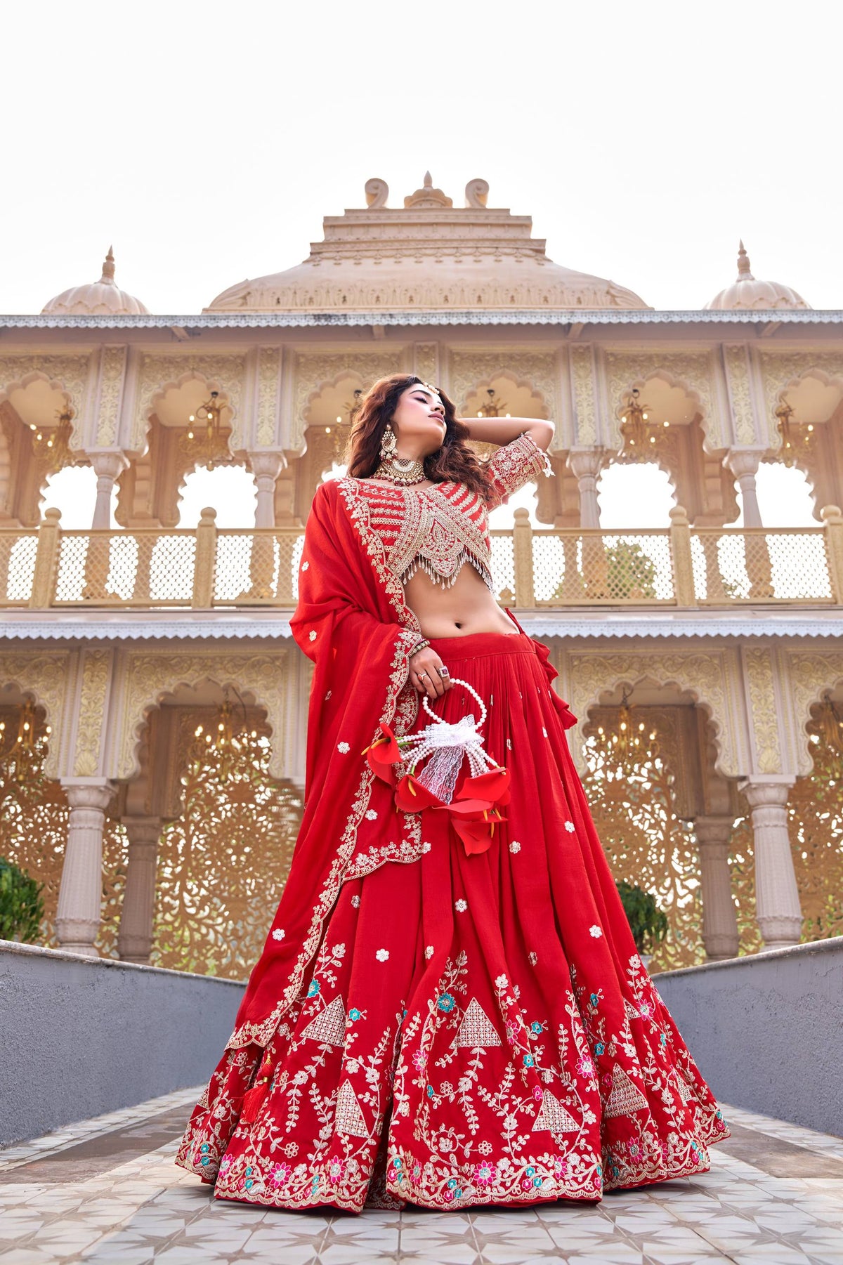 Designer Vichitra Silk Embroidered Lehenga Choli Dupatta Set