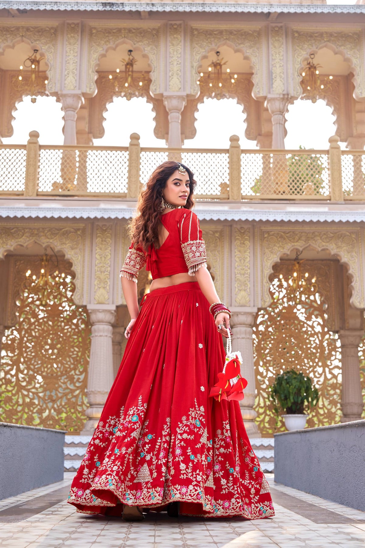 Designer Vichitra Silk Embroidered Lehenga Choli Dupatta Set