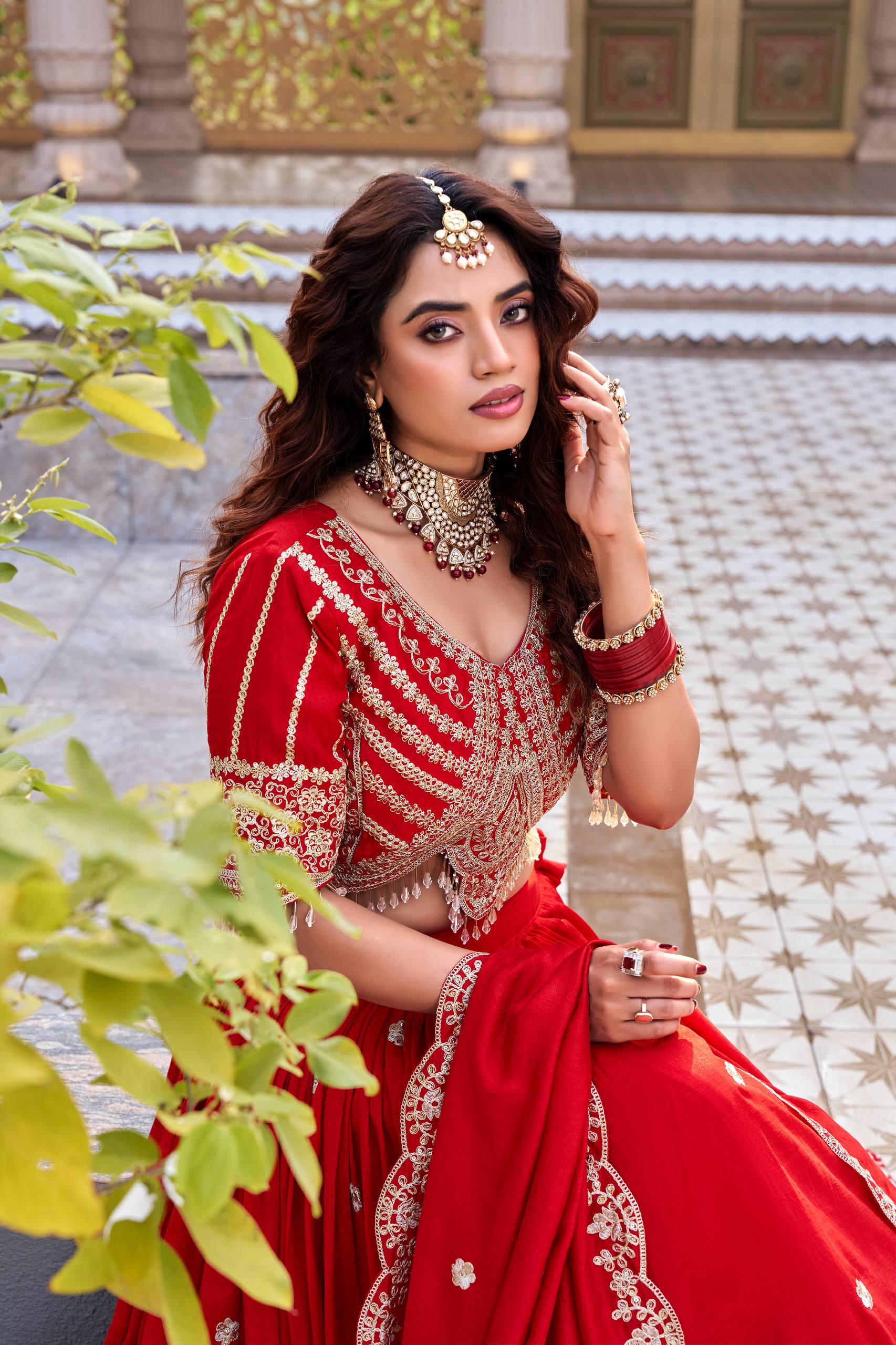 Designer Vichitra Silk Embroidered Lehenga Choli Dupatta Set