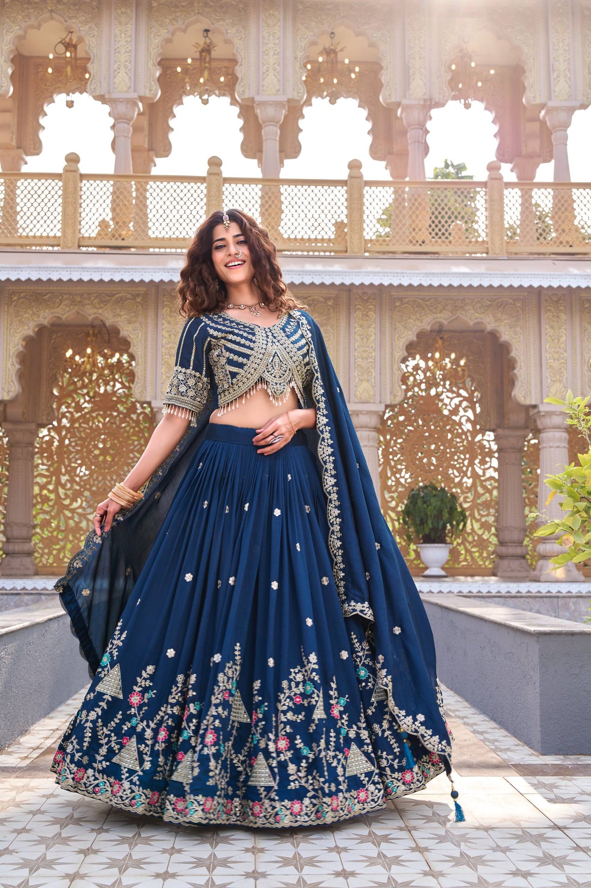 Designer Vichitra Silk Embroidered Lehenga Choli Dupatta Set