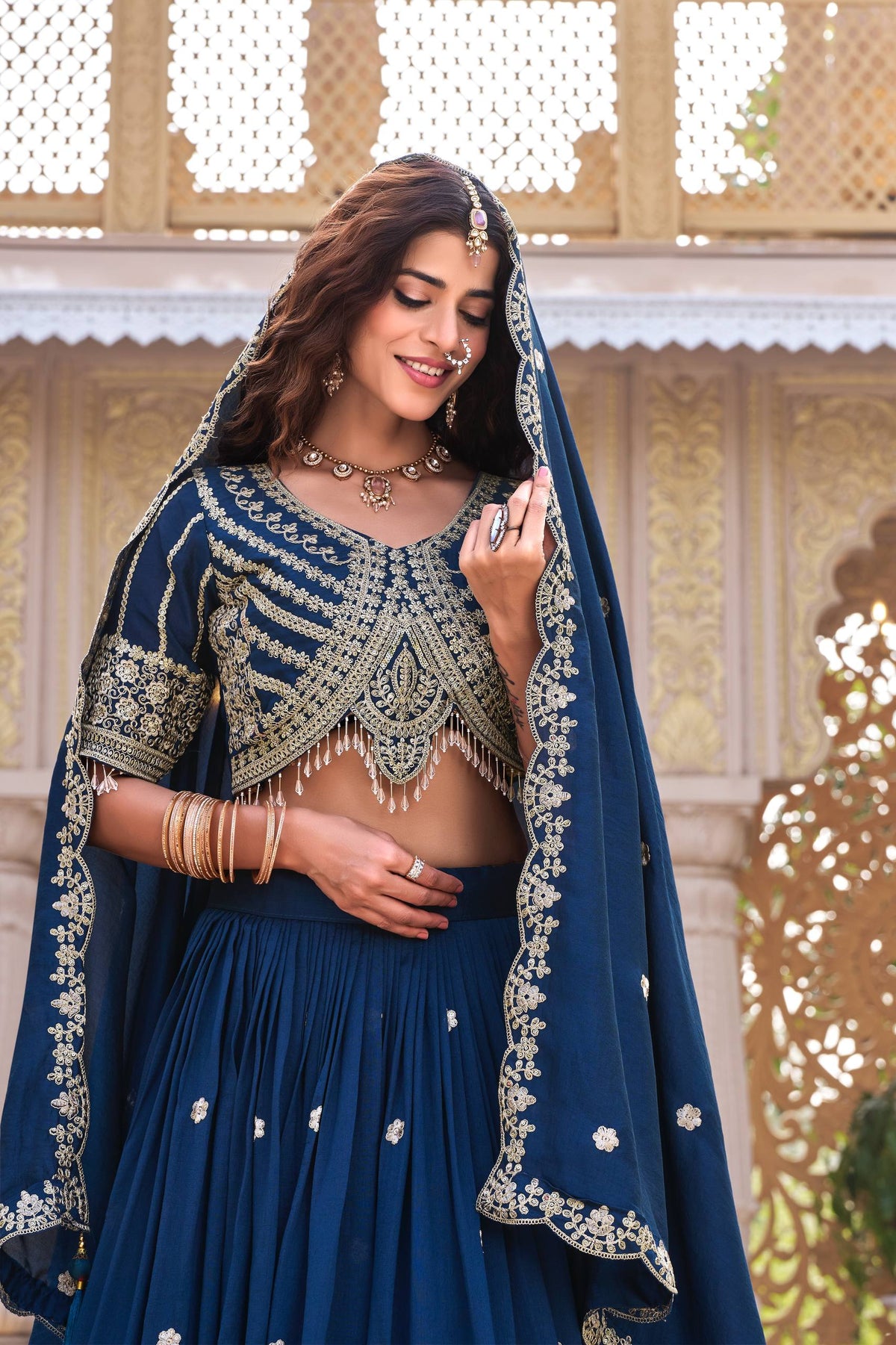 Designer Vichitra Silk Embroidered Lehenga Choli Dupatta Set