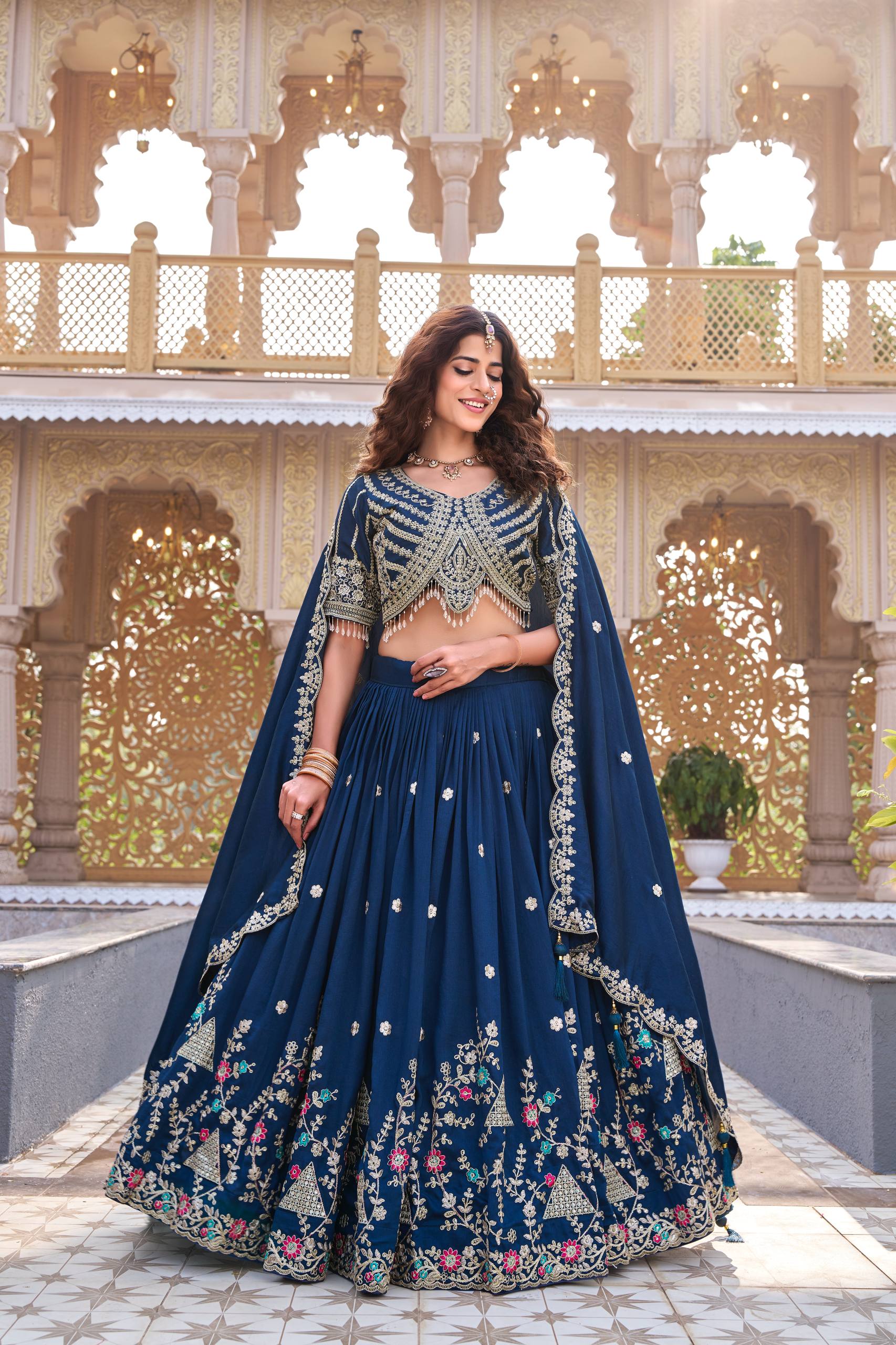 Designer Vichitra Silk Embroidered Lehenga Choli Dupatta Set