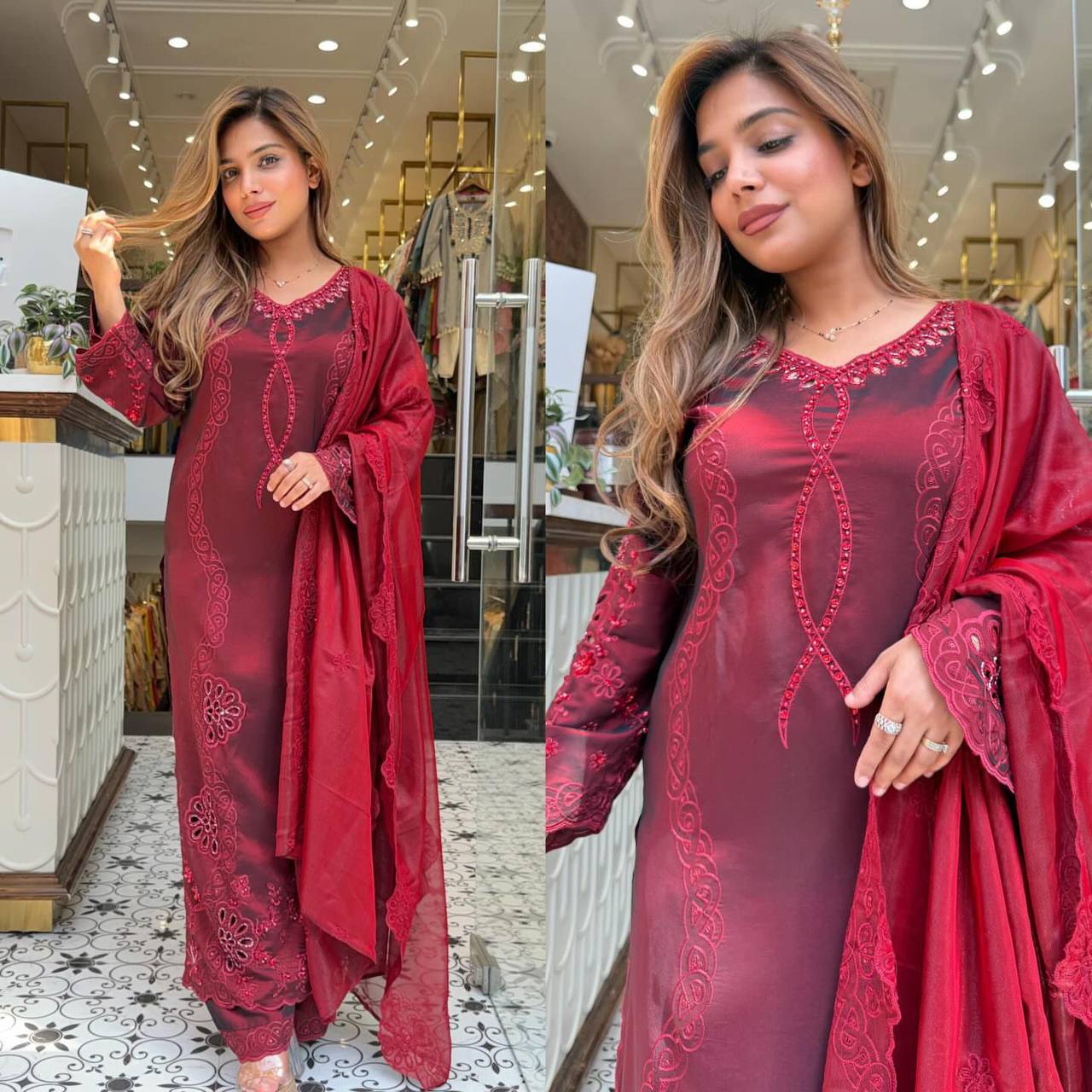 Designer Embroidered Kurti Palazzo Dupatta Set