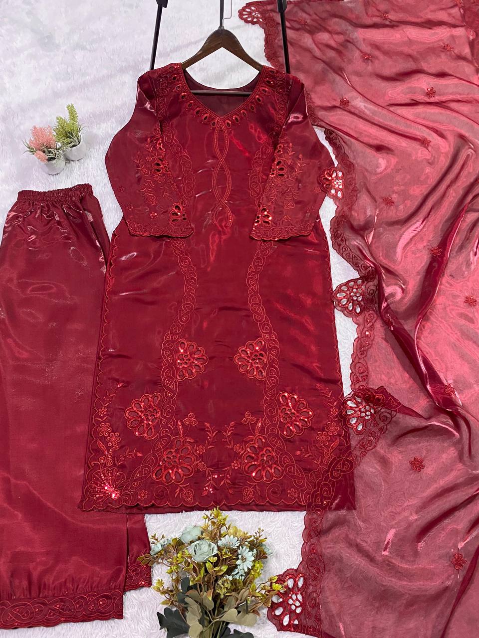 Designer Embroidered Kurti Palazzo Dupatta Set