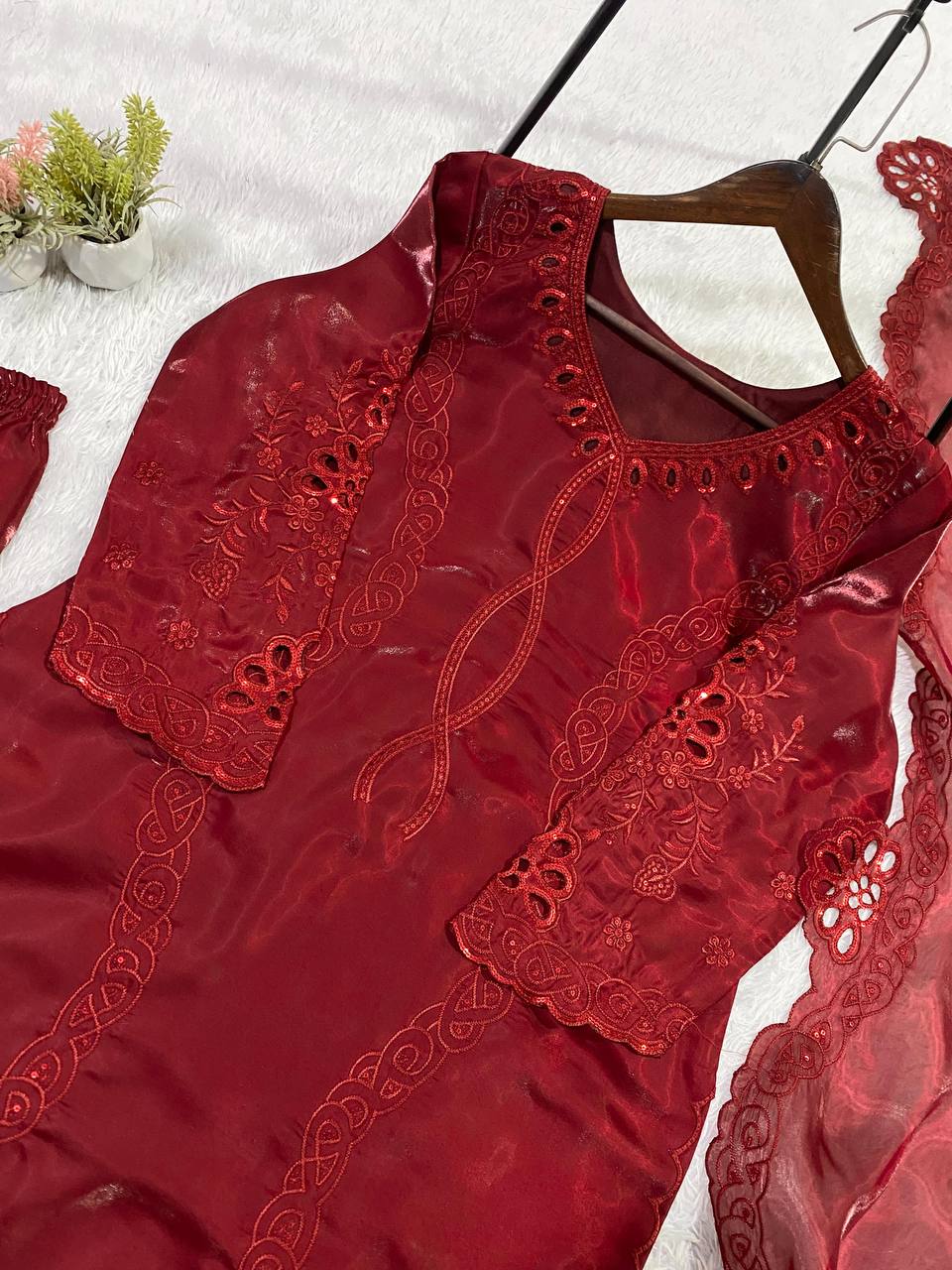 Designer Embroidered Kurti Palazzo Dupatta Set