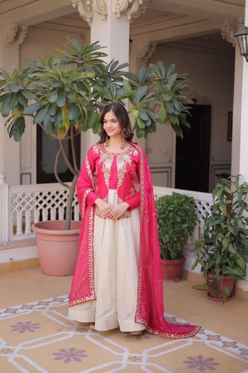 Designer Glass Roman Sequins Embroidered Anarkali Gown Dupatta Set