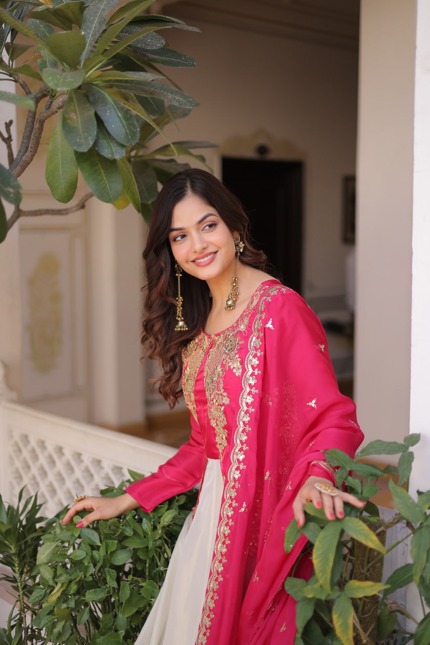 Designer Glass Roman Sequins Embroidered Anarkali Gown Dupatta Set