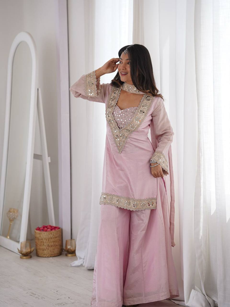 Real Mirror Work Embroidered Kurti Palazzo Set