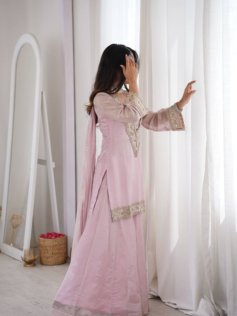 Real Mirror Work Embroidered Kurti Palazzo Set