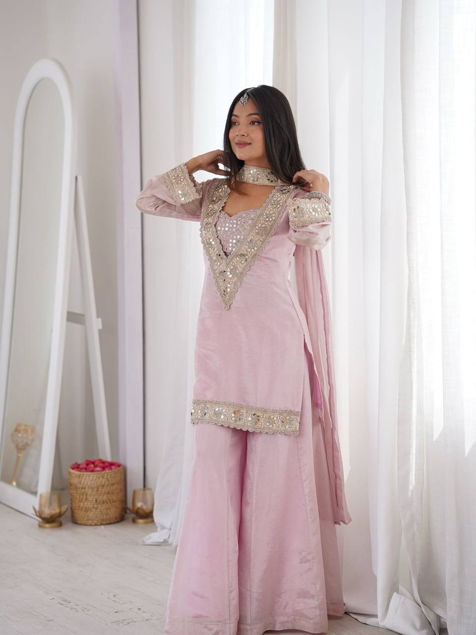 Real Mirror Work Embroidered Kurti Palazzo Set