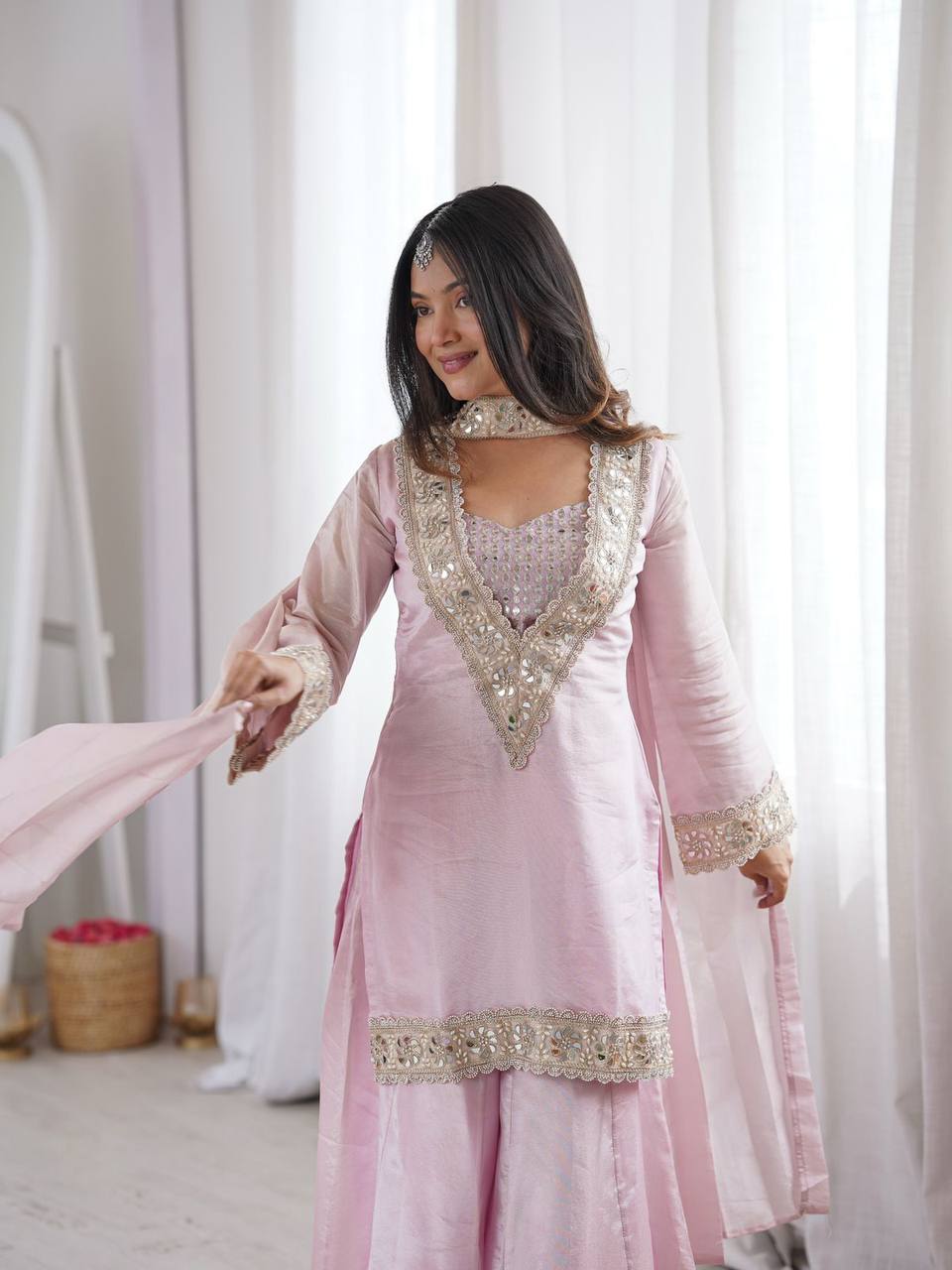 Real Mirror Work Embroidered Kurti Palazzo Set