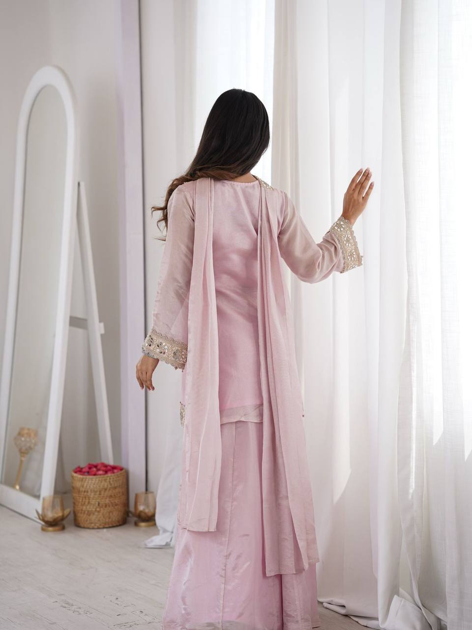 Real Mirror Work Embroidered Kurti Palazzo Set