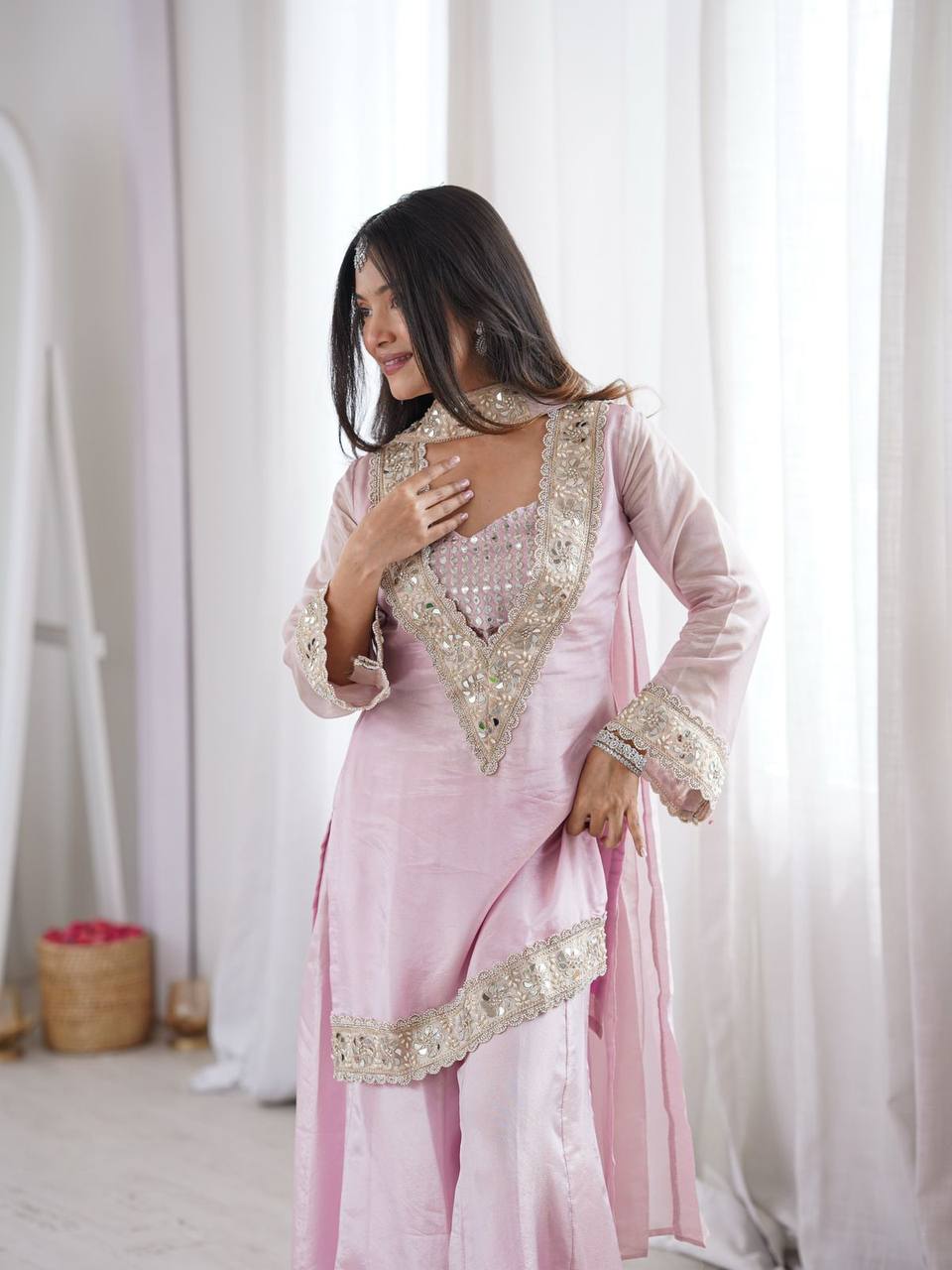 Real Mirror Work Embroidered Kurti Palazzo Set