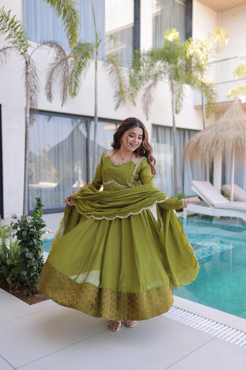 Designer Mirror Work Anarkali Kurti Pant Dupatta Set