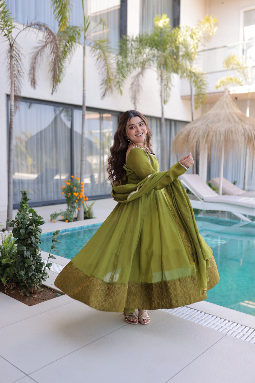 Designer Mirror Work Anarkali Kurti Pant Dupatta Set
