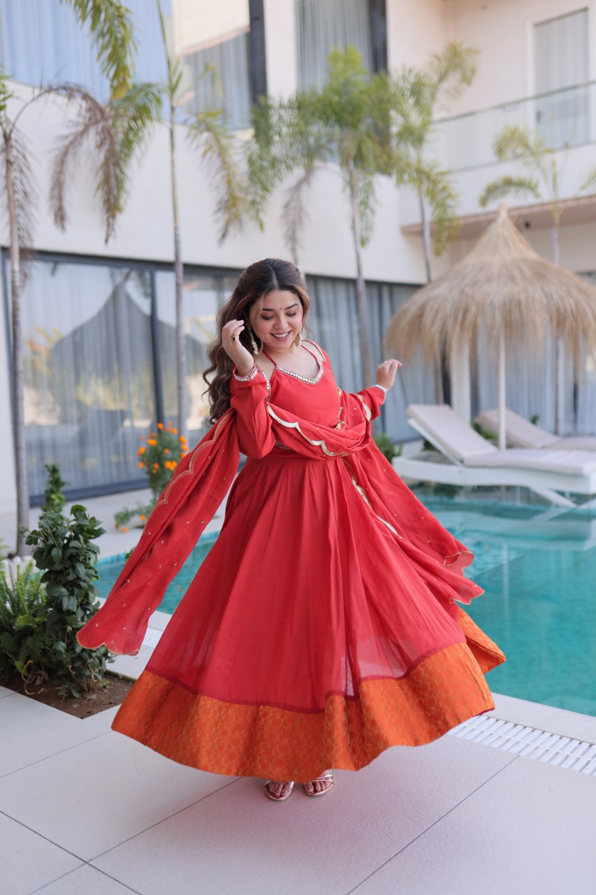 Designer Mirror Work Anarkali Kurti Pant Dupatta Set