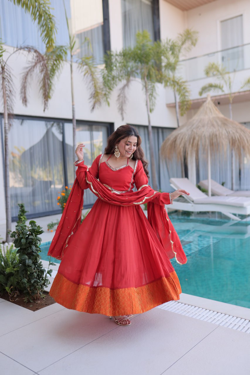 Designer Mirror Work Anarkali Kurti Pant Dupatta Set