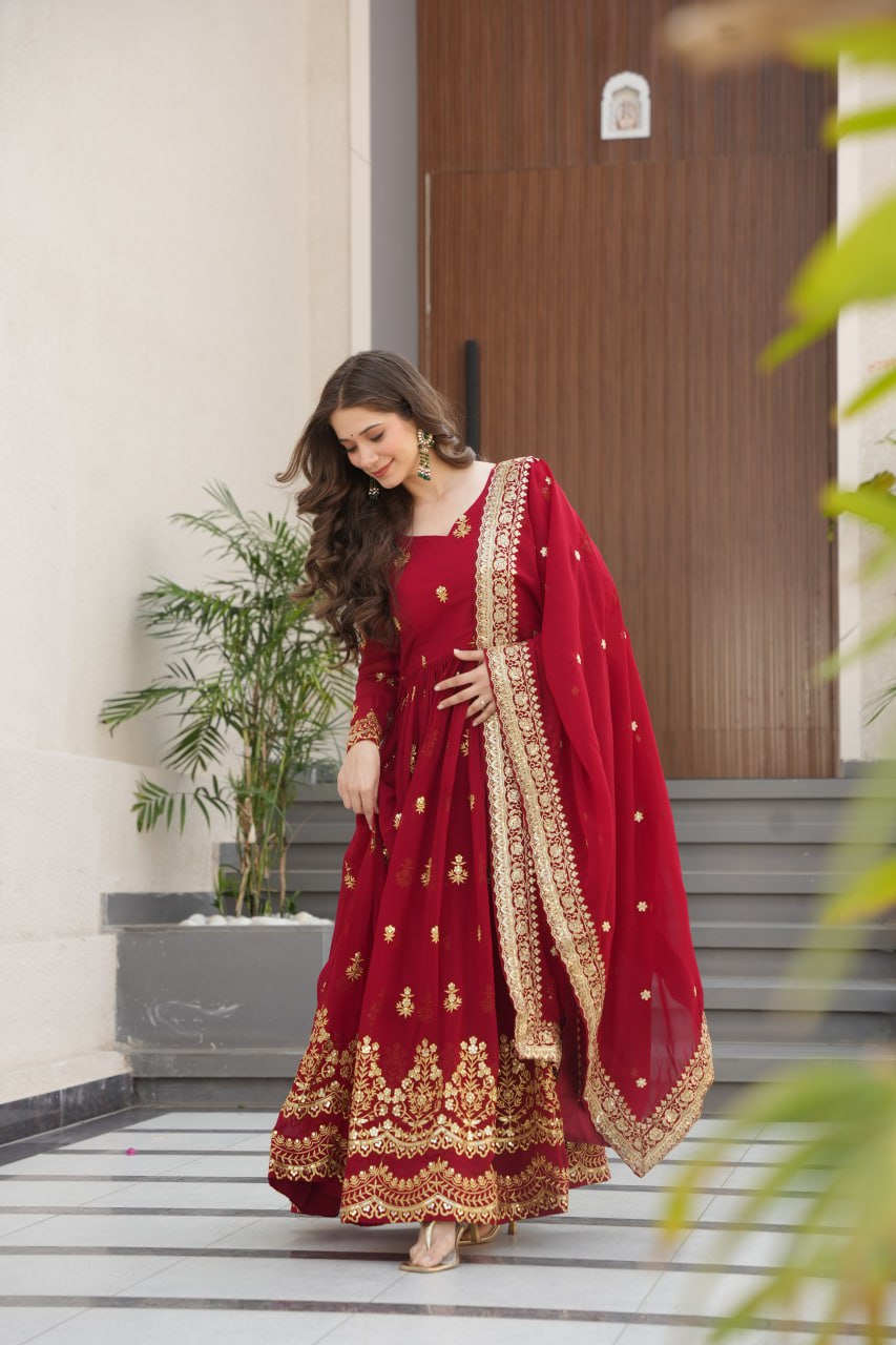 Designer Zari Sequins Anarkali Gown Dupatta Set