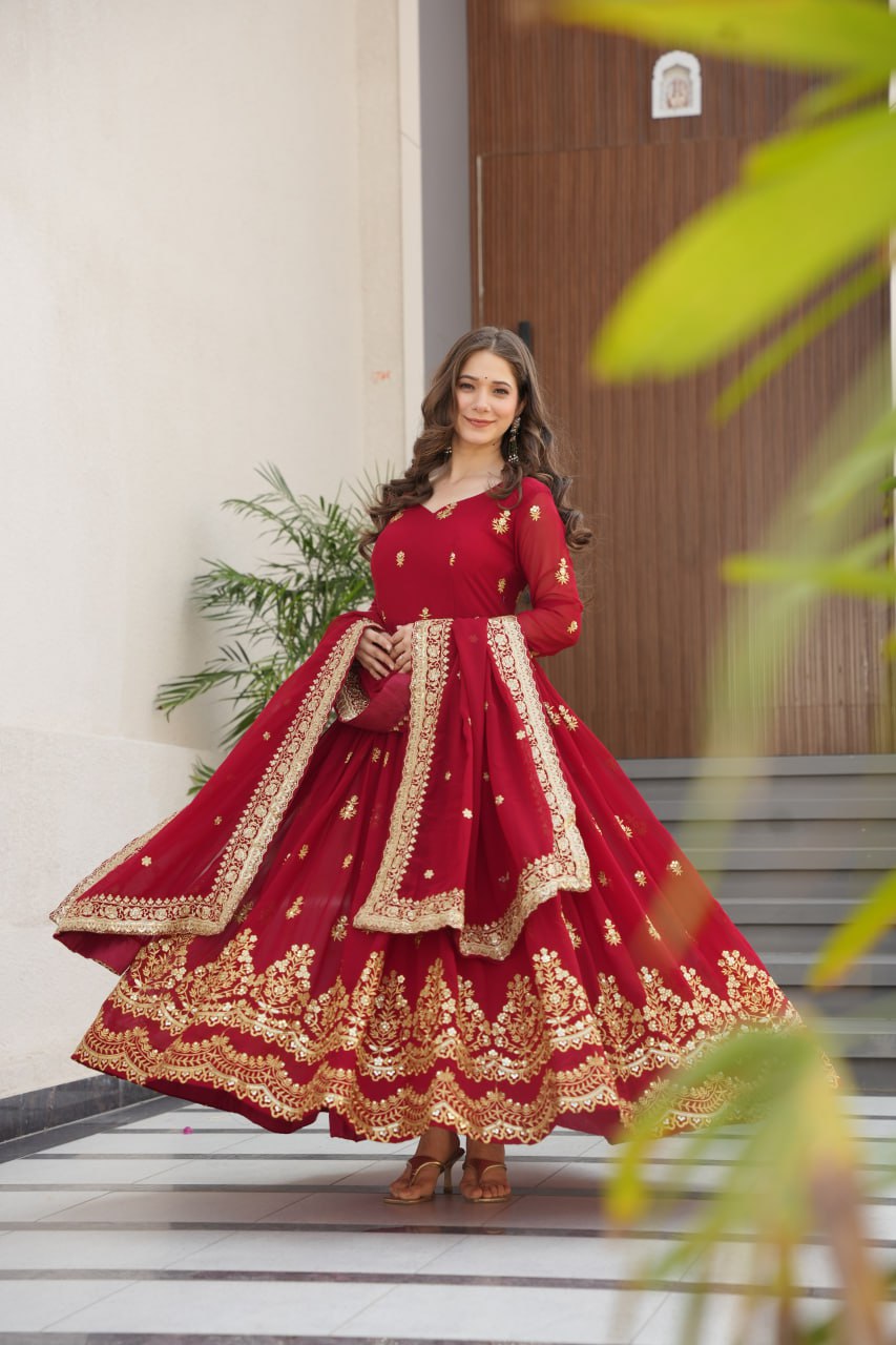 Designer Zari Sequins Anarkali Gown Dupatta Set