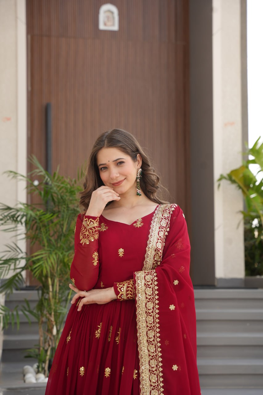 Designer Zari Sequins Anarkali Gown Dupatta Set
