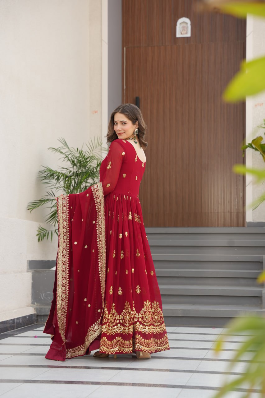 Designer Zari Sequins Anarkali Gown Dupatta Set