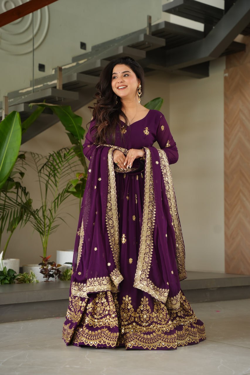 Designer Zari Sequins Anarkali Gown Dupatta Set