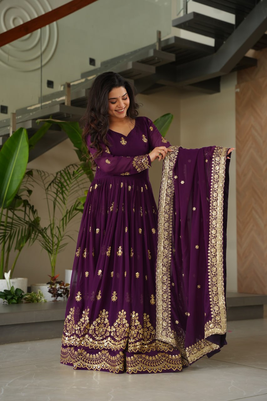 Designer Zari Sequins Anarkali Gown Dupatta Set
