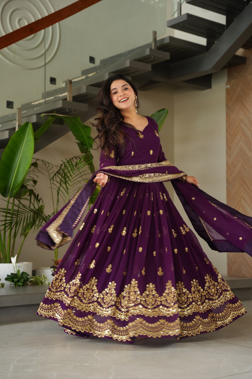 Designer Zari Sequins Anarkali Gown Dupatta Set