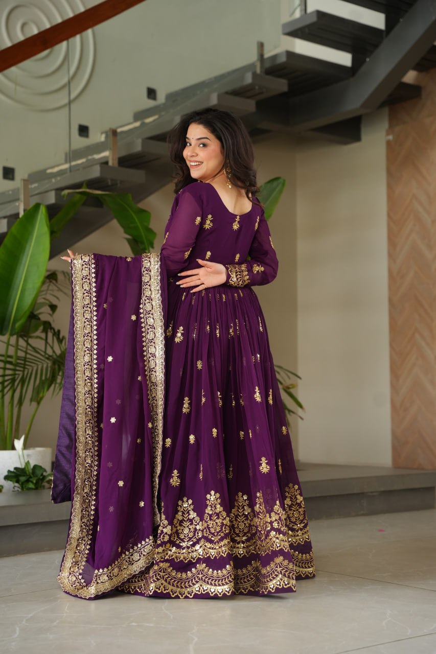 Designer Zari Sequins Anarkali Gown Dupatta Set