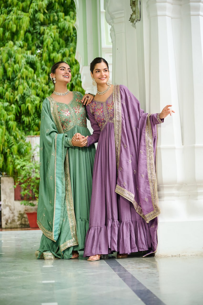 Designer Zari Embroidered Vichitra Silk Anarkali Gown Dupatta Set