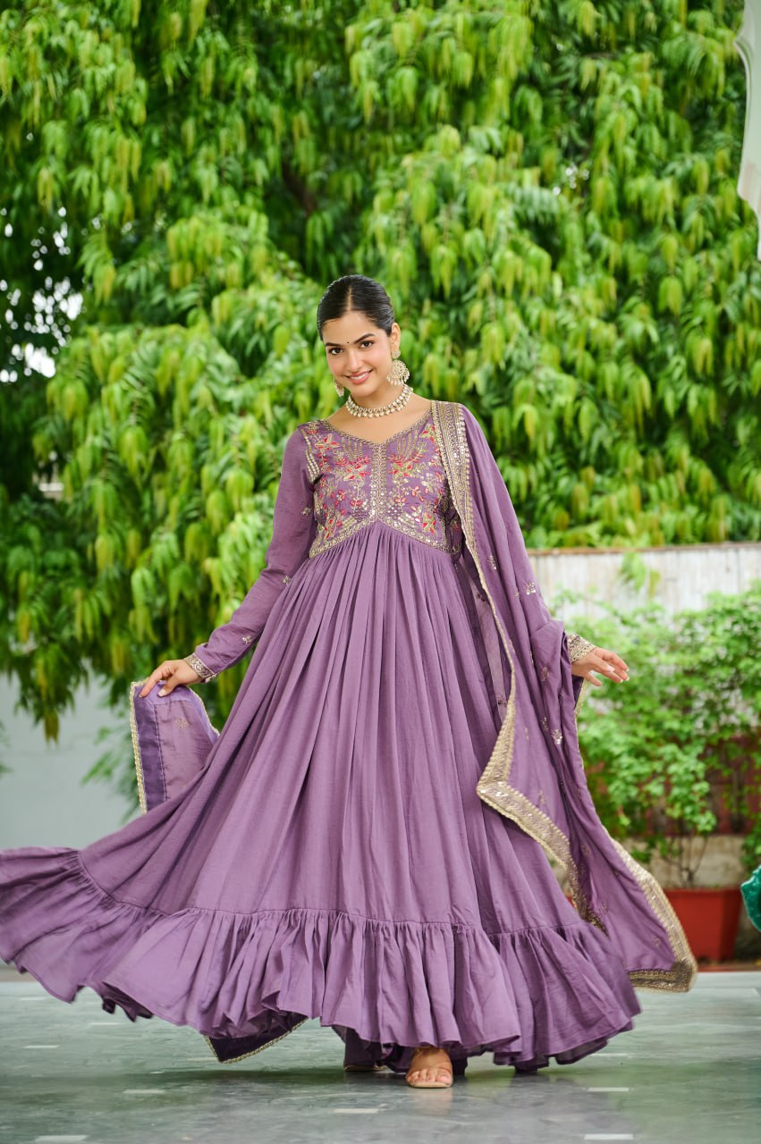 Designer Zari Embroidered Vichitra Silk Anarkali Gown Dupatta Set