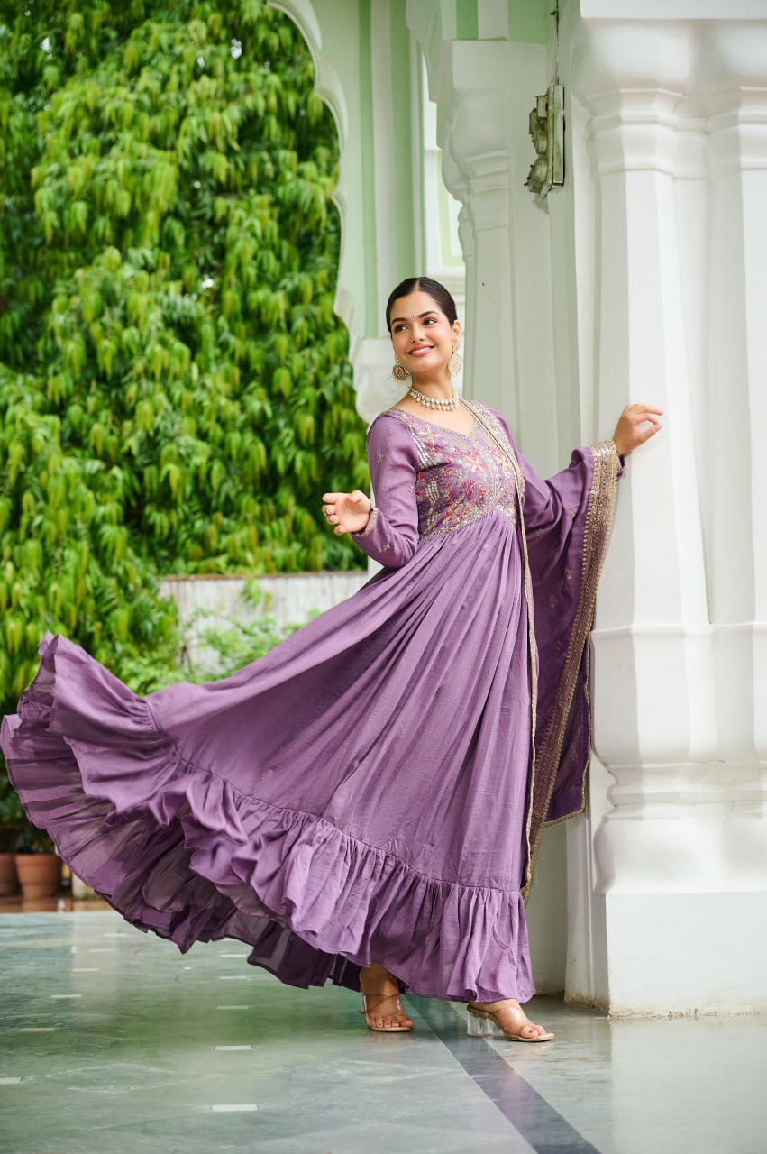 Designer Zari Embroidered Vichitra Silk Anarkali Gown Dupatta Set