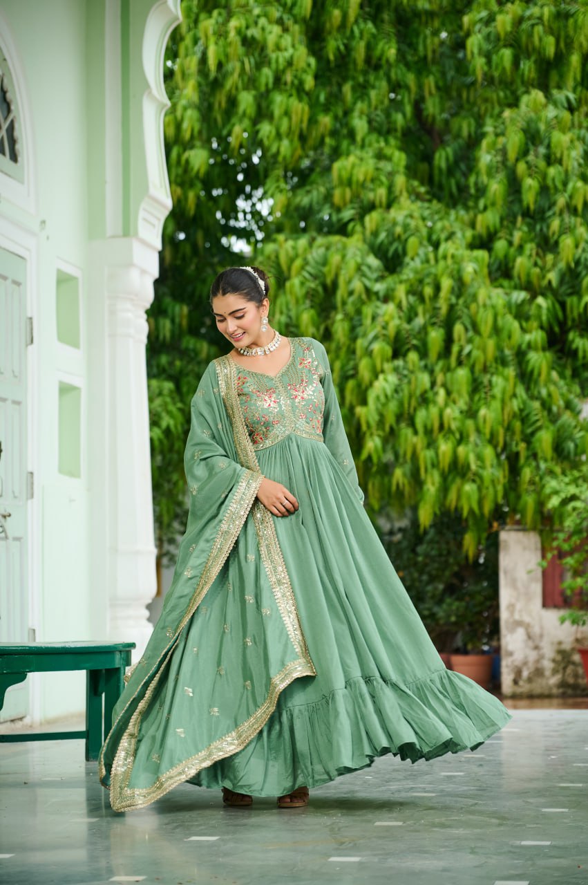 Designer Zari Embroidered Vichitra Silk Anarkali Gown Dupatta Set