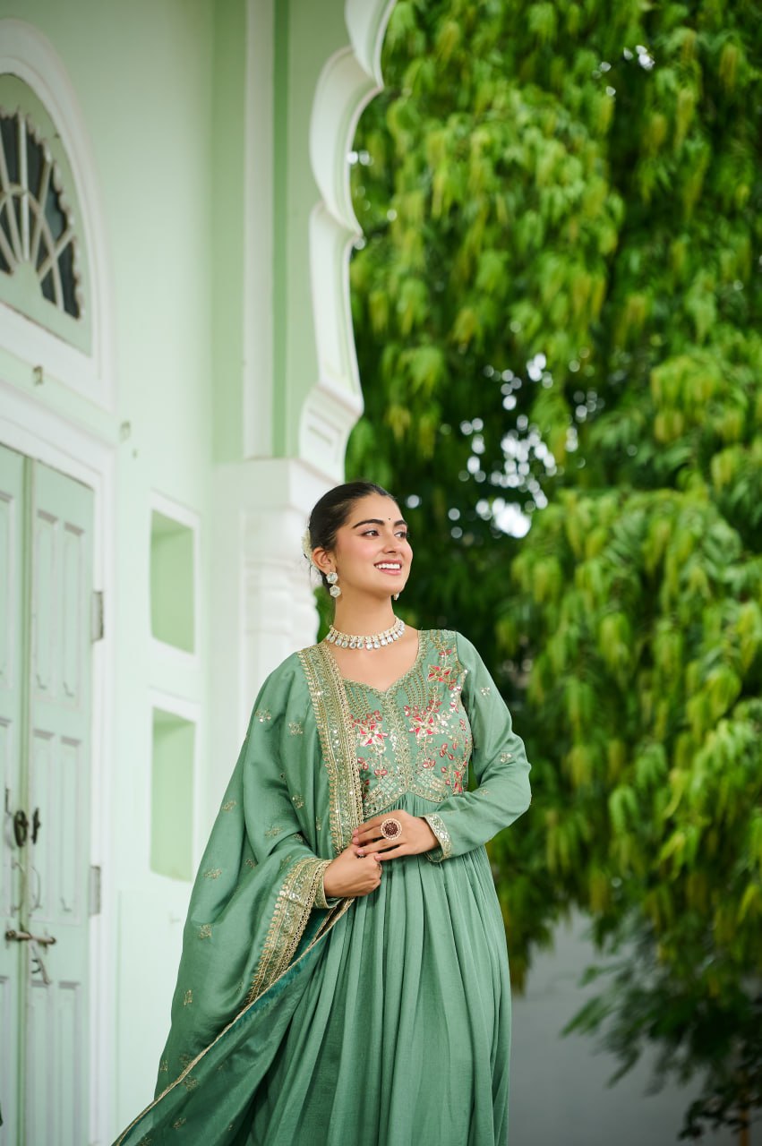 Designer Zari Embroidered Vichitra Silk Anarkali Gown Dupatta Set