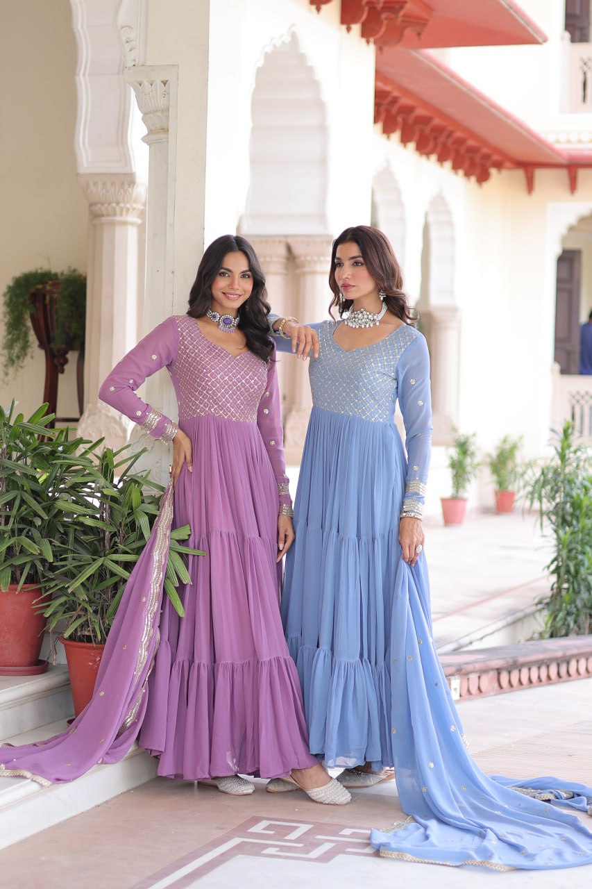 Designer Faux Georgette Frill Gown with Dupatta | Sequins & Zari Embroidered Wedding & Festive Wear Anarkali Gown