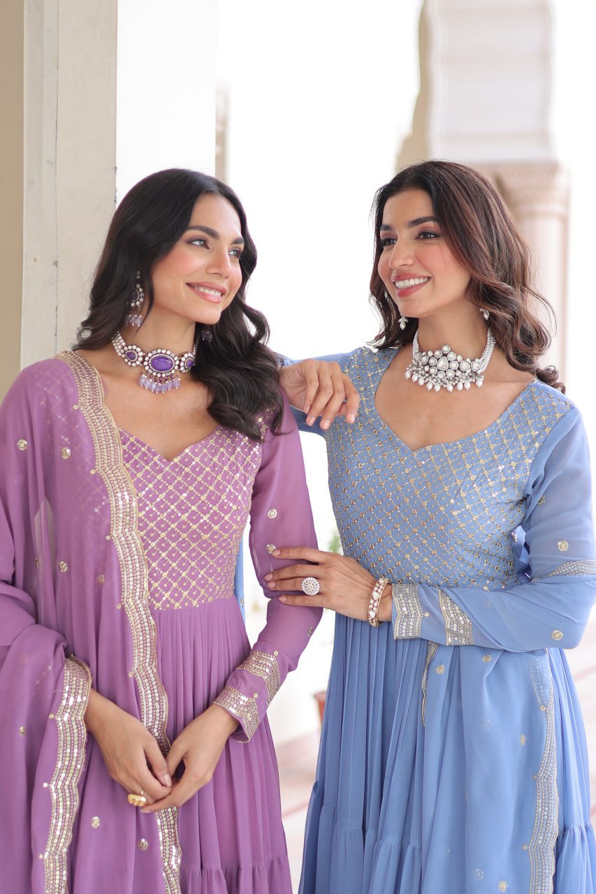 Designer Faux Georgette Frill Gown with Dupatta | Sequins & Zari Embroidered Wedding & Festive Wear Anarkali Gown