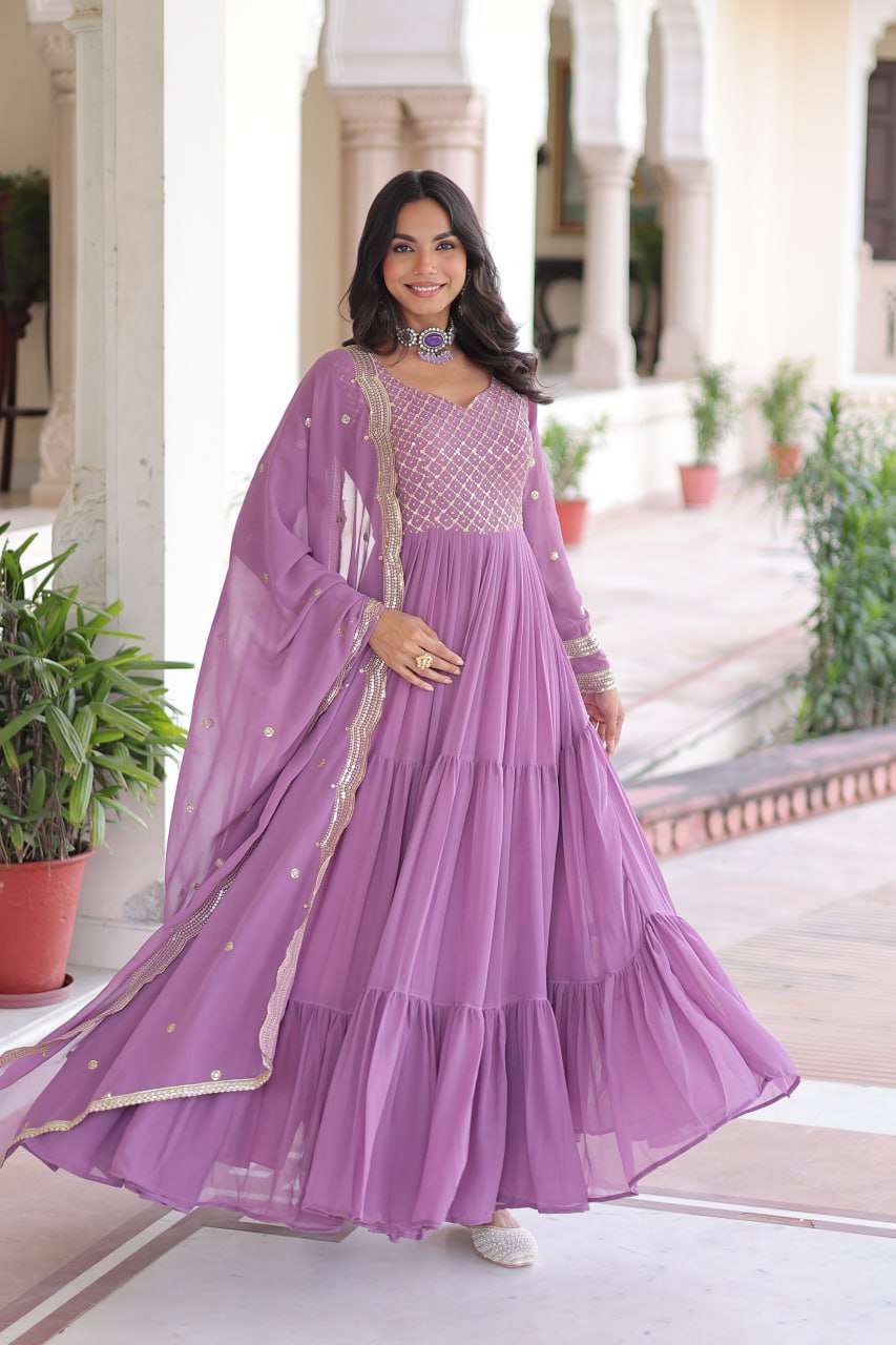 Designer Faux Georgette Frill Gown with Dupatta | Sequins & Zari Embroidered Wedding & Festive Wear Anarkali Gown