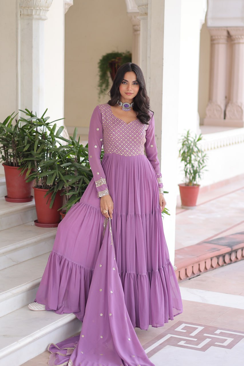Designer Faux Georgette Frill Gown with Dupatta | Sequins & Zari Embroidered Wedding & Festive Wear Anarkali Gown