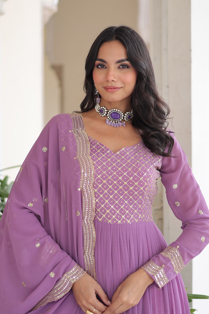 Designer Faux Georgette Frill Gown with Dupatta | Sequins & Zari Embroidered Wedding & Festive Wear Anarkali Gown