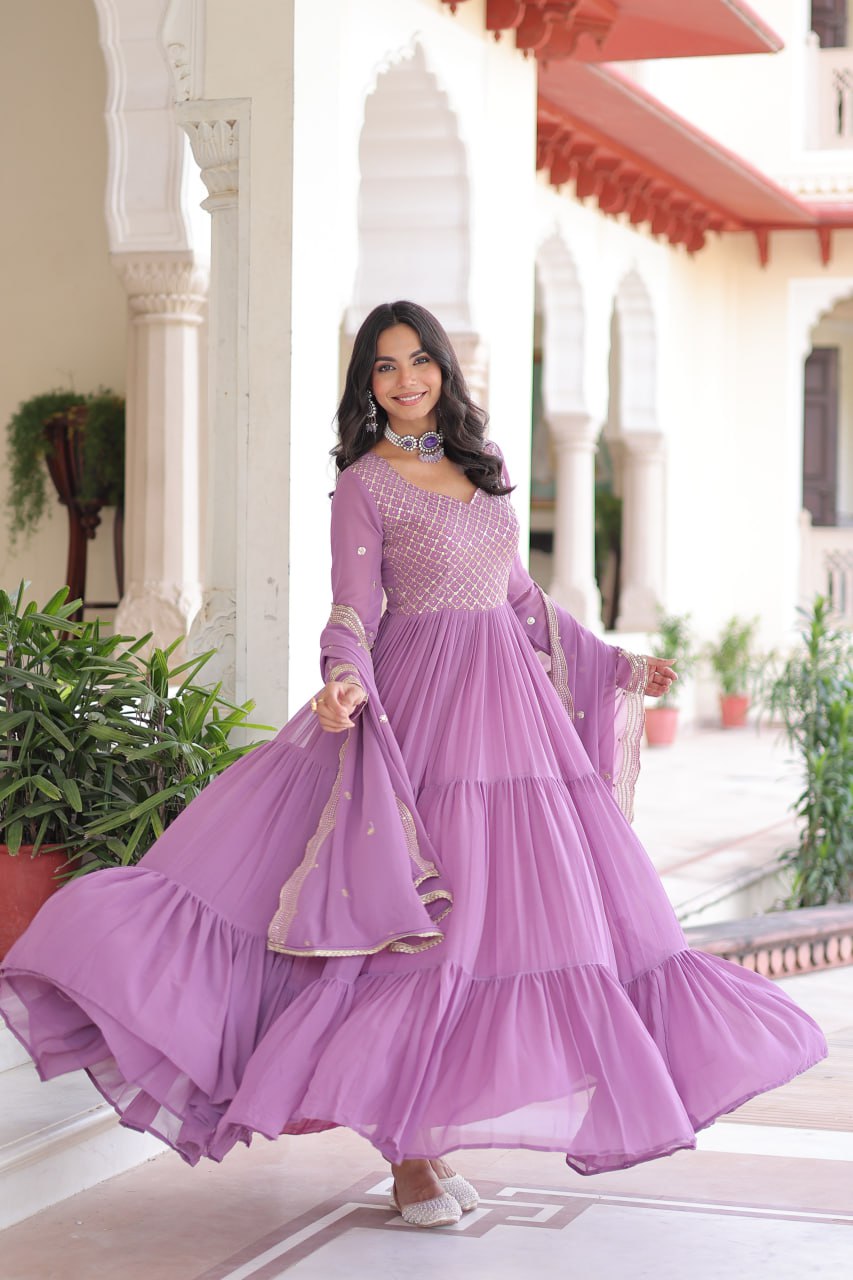 Designer Faux Georgette Frill Gown with Dupatta | Sequins & Zari Embroidered Wedding & Festive Wear Anarkali Gown